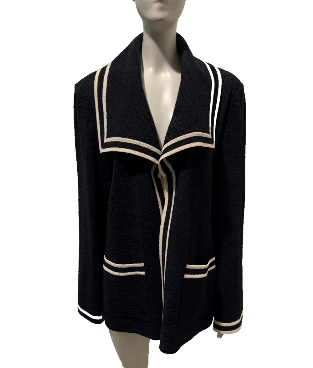 St John Black Jacket Knit White Striped Trim Sz L Large Sailor Collar Open Front